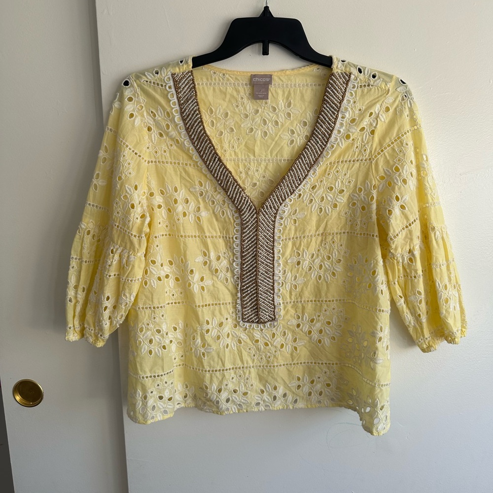 Chico's Pale Yellow Eyelet Tunic with Brown Trim